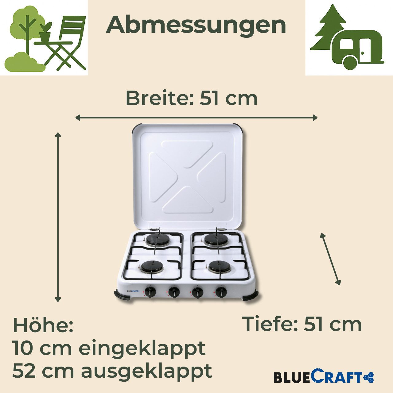 BlueCraft Gaskocher 4 flammig mit Zündsicherung 50mbar Propan Gas Campingkocher 5,8 kW, (mit Schlauch 100 cm und Gas Regler Druckminderer), Camping Gas Kocher 4 flammen für Gasflasche Gasherd Gas-Kochfeld