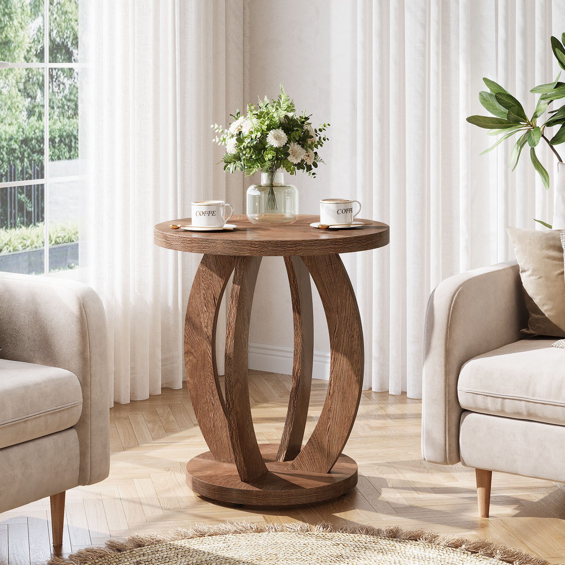 Tribesigns Beistelltisch 50 cm runder Sofatisch mit Stauraum, Nachttisch im Landhausstil – Bild 4 von 5