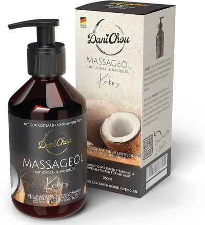 DaniChou Massageöl Kokos - Naturkosmetik, mit Jojobaöl & Mandelöl, exotisch 250 ml, 1-tlg., Ohne Paraffine & Farbstoffe - Pflegendes, natürliches & tropisches Öl