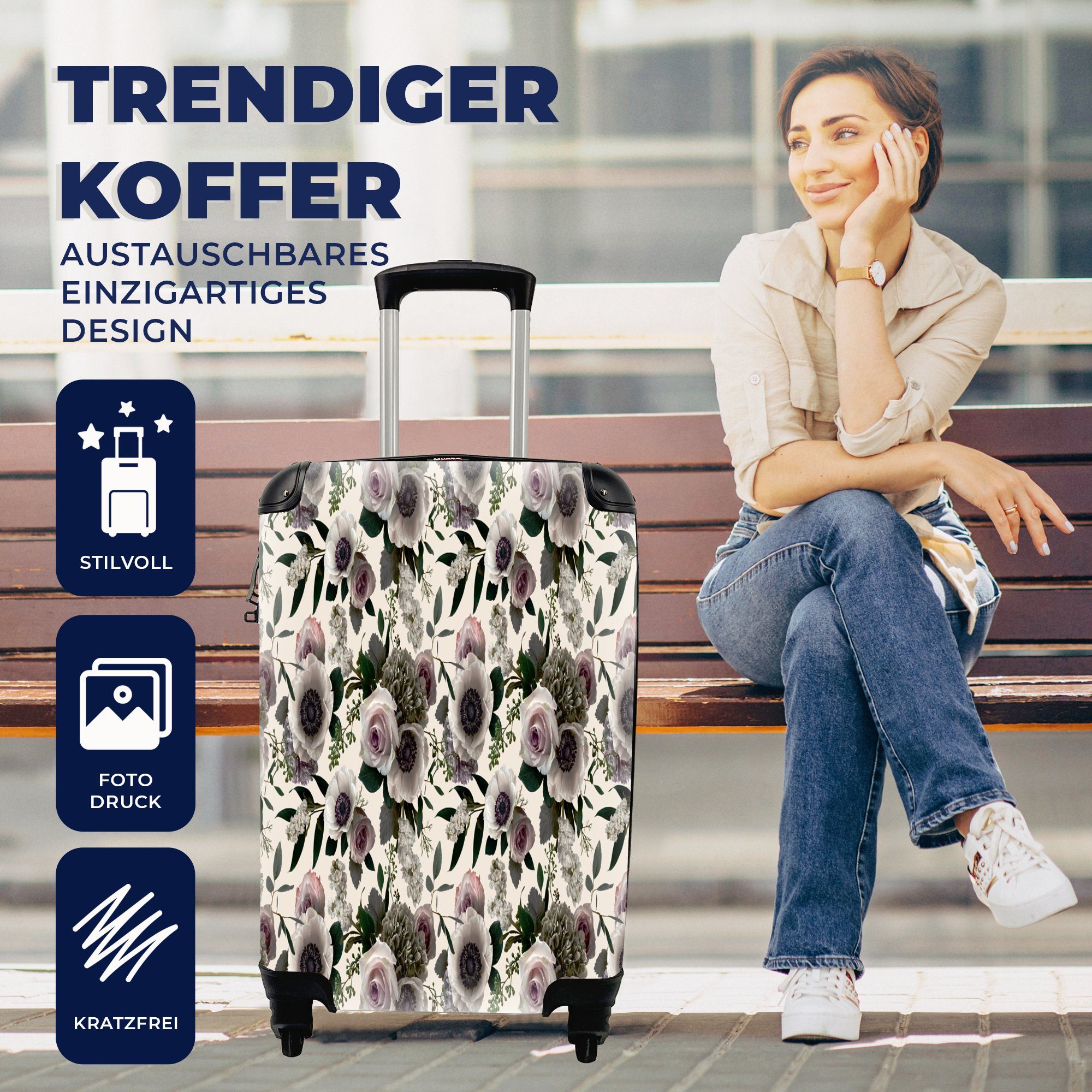 MuchoWow Handgepäckkoffer Rollen, - Reisetasche Rosa, mit Flora - Reisekoffer 4 rollen, für Blumen Ferien, Handgepäck Trolley