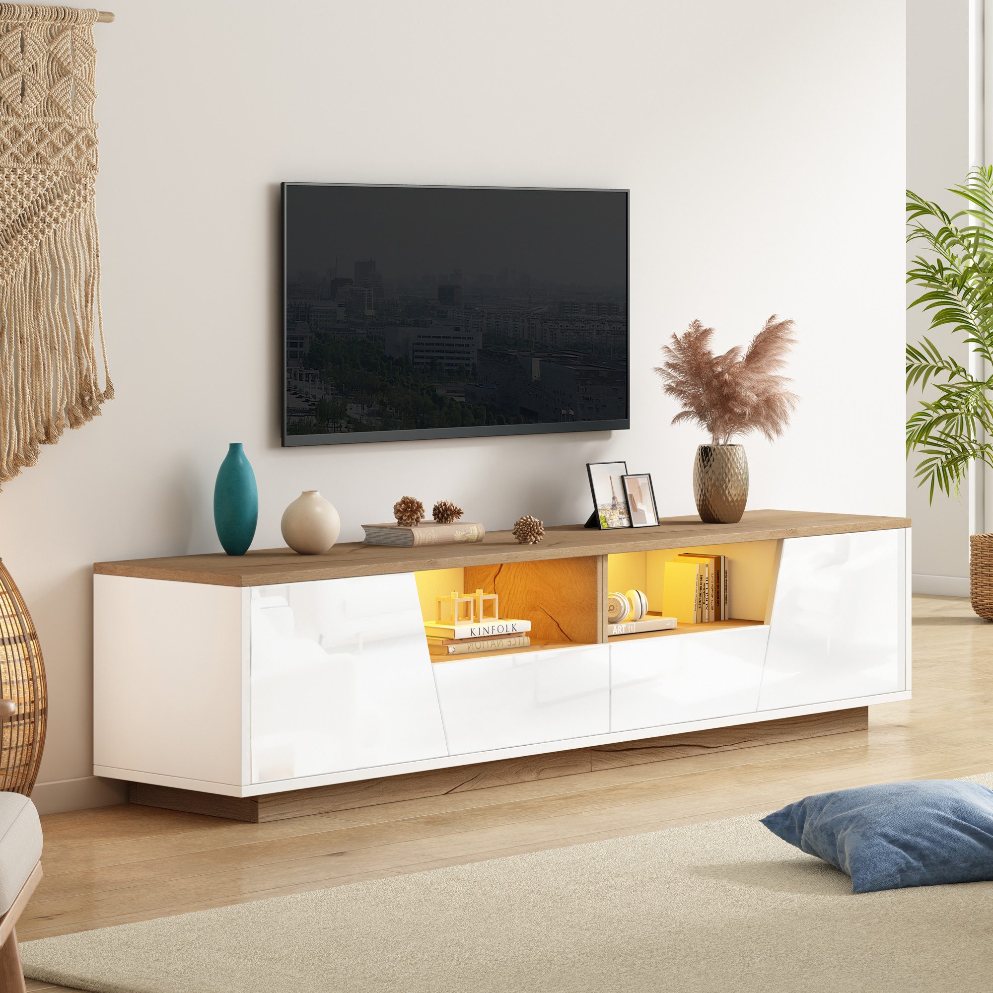 MODFU Lowboard 180 cm, TV-Board für Fernseher bis 75 Zoll (Fernsehtisch, Fernsehschrank, 1 St., mit 2 schubladen und 2 schränke), für Fernseher um 75 Zoll