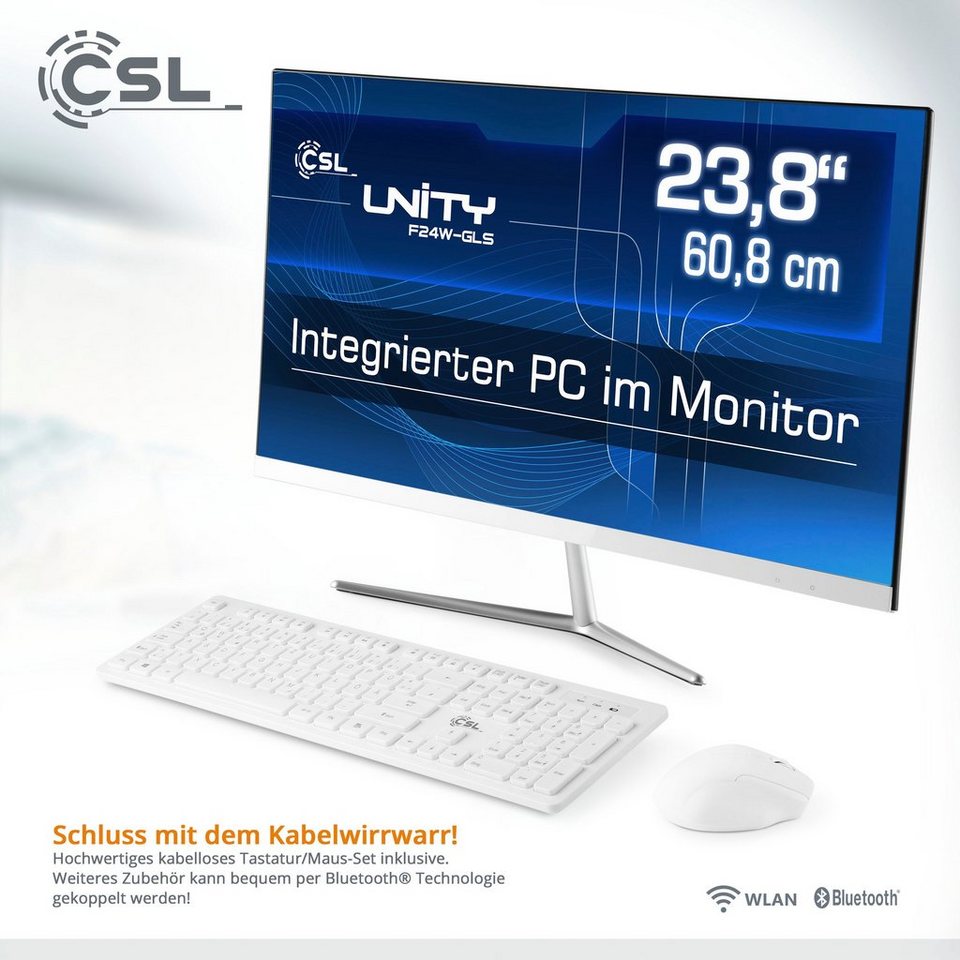 Win passiver 128 CSL Zoll, GB 11 PC F24W-GLS Celeron Intel® N4120, CPU-Kühler) (23,8 All-in-One RAM, SSD, GB Unity 8