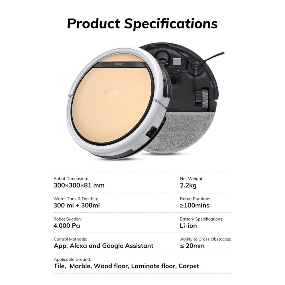 ILIFE Saugroboter V5s Kabelloser Roboter-Staubsauger mit Ladestation, 40 W, mit Beutel, Automatische Reinigungszyklen, Anti-Verwicklungs-Design – Bild 2 von 5