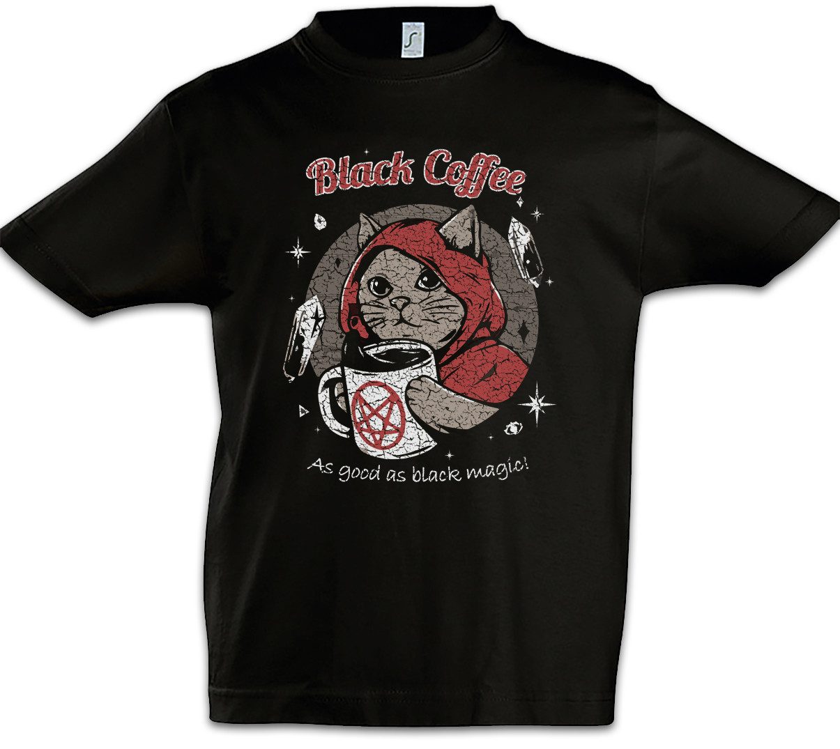 Print-Shirt Black Coffee Magic Kinder T-Shirt Caffeine Katze Kaffee Hexe Witch Cat