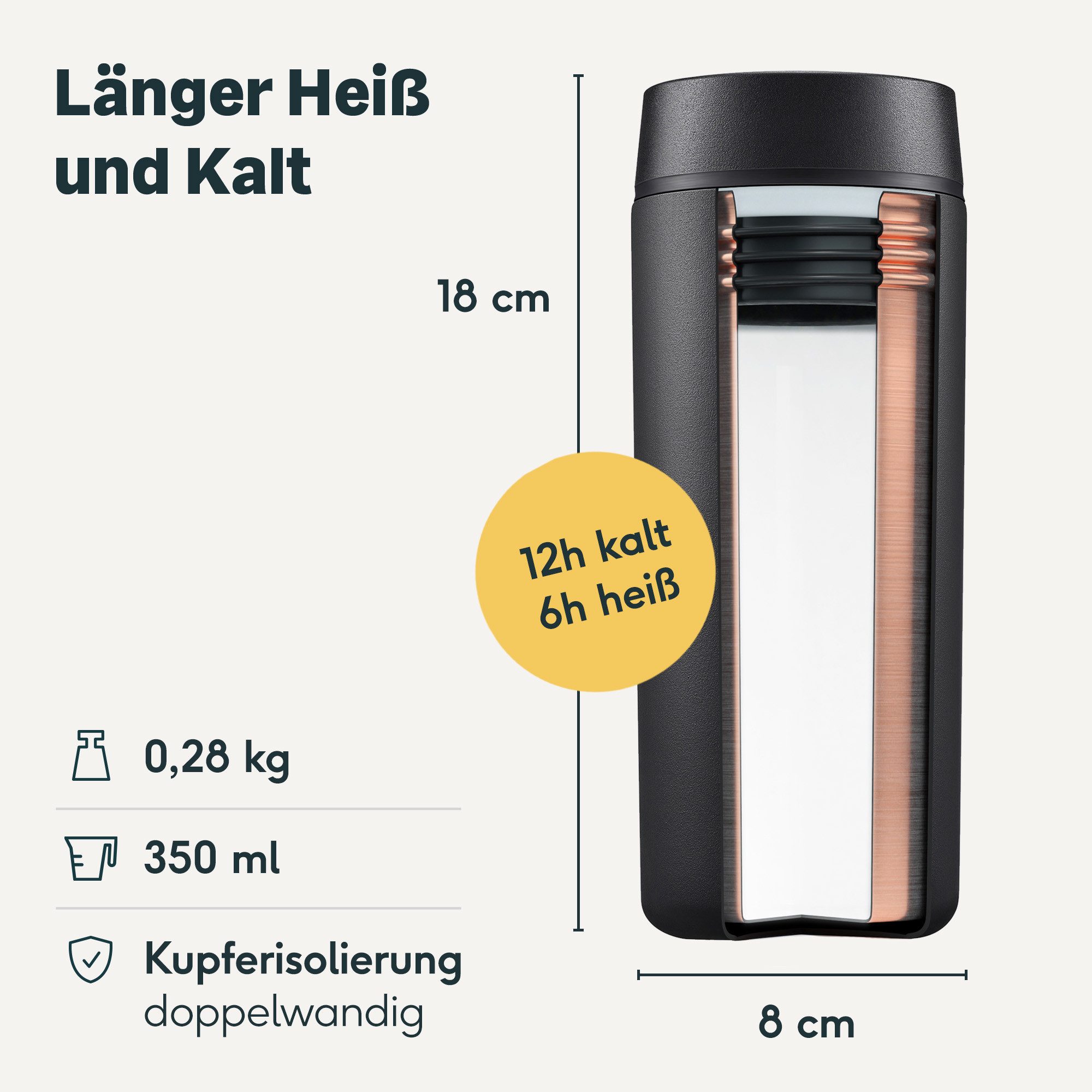 SILBERTHAL Thermobecher Thermobecher to go 350ml - 6h warm & 12h kalt, 1-tlg., Edelstahl, Keramik im Inneren, 6h warm, 12h kalt – Bild 5 von 5