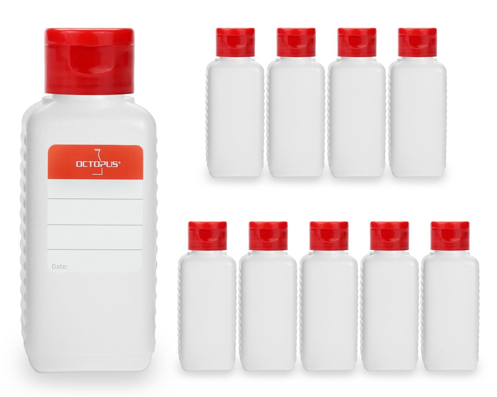 OCTOPUS Kanister 10 Plastikflaschen 100 ml eckig aus HDPE, natur, G25, Klappscharnierve (10 St)