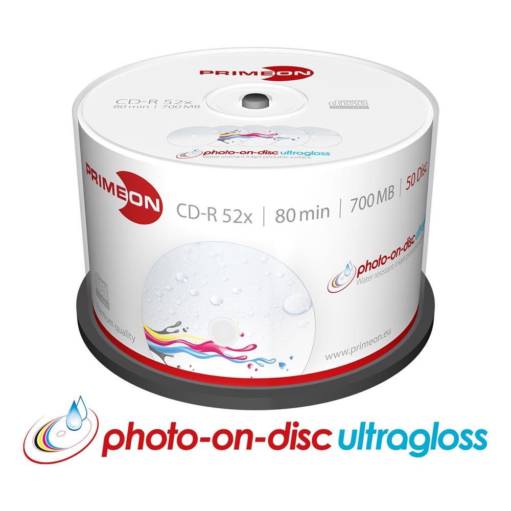 PRIMEON CD-Rohling 2761109 CD-R Rohlinge Inkjet Printable Water Resistant, 50 Stück, 80 Min / 700 MB, 52x SPEED, photo-on-disc ultragloss, Cakebox 50er Spindel