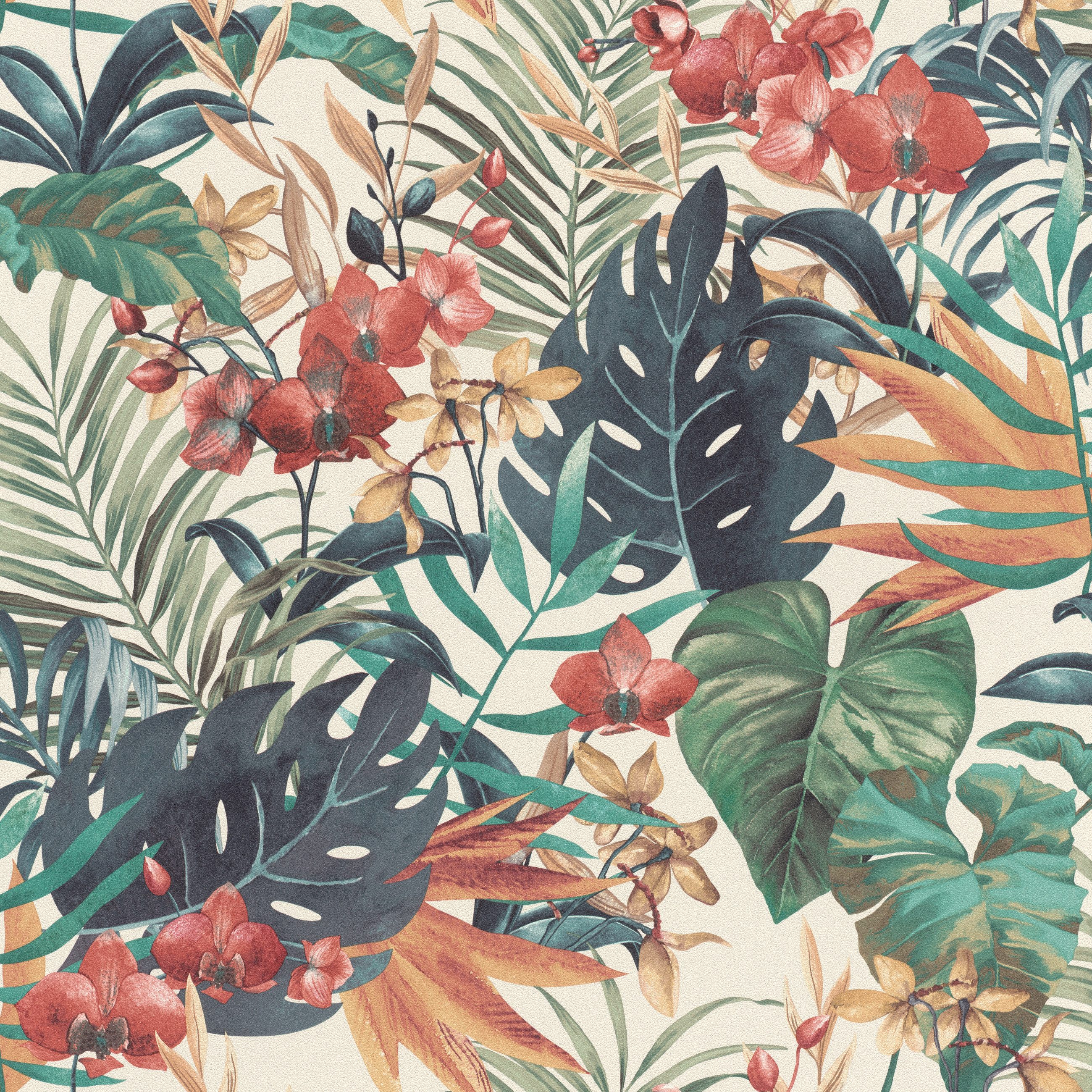 Rasch Vliestapete Dschungel aus Blätter & Blumen - Vinyltapete Blau Grün Rot, floral, bedruckt, (1 Rolle, 1 St., 10,05 m x 0,53 m), Lichtbeständige Farben - Feucht abwischbar - Restlost abziehbar