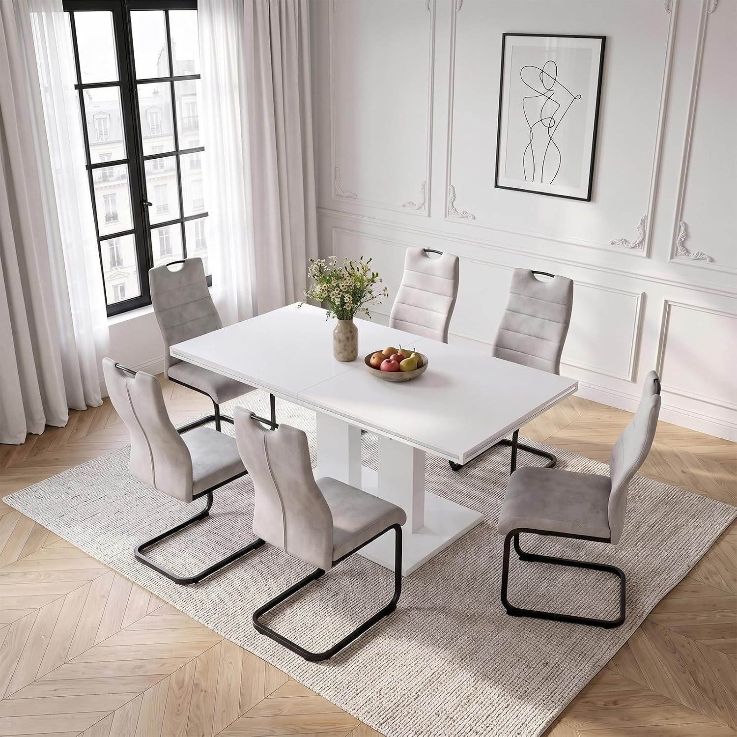 Jiexi Essgruppe Moderne Essgruppe 7/9 Set mit einem Esstisch und 6/8 Stühlen MDF – Bild 2 von 5