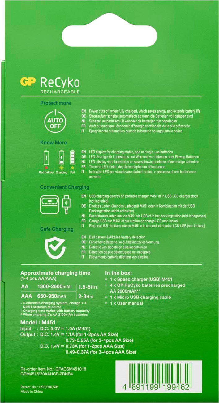 NiMH-Batterien ReCyko Batterie-Ladegerät mit AA Speed 2600 GP Batteries M451 4-fach NiMH 4 x mAh