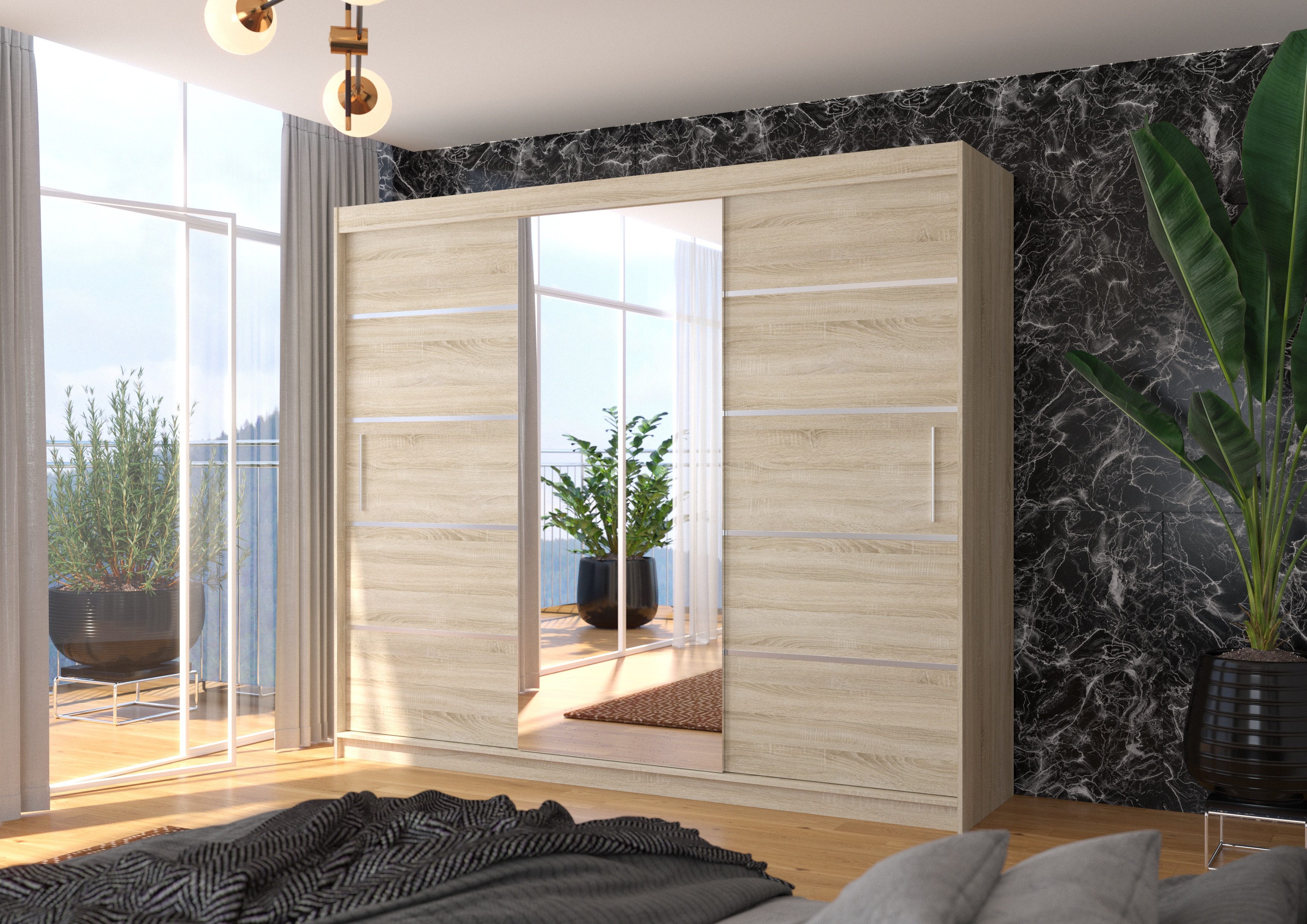 MOEBLO Schiebetürenschrank Dolsa 250 (mit Spiegel – Moderner Kleiderschrank mit viel Stauraum, Schlafzimmer Schrank mit viel Stauraum, Garderobenschrank, Raumwunder) (B×H×T): 250×215×58 cm