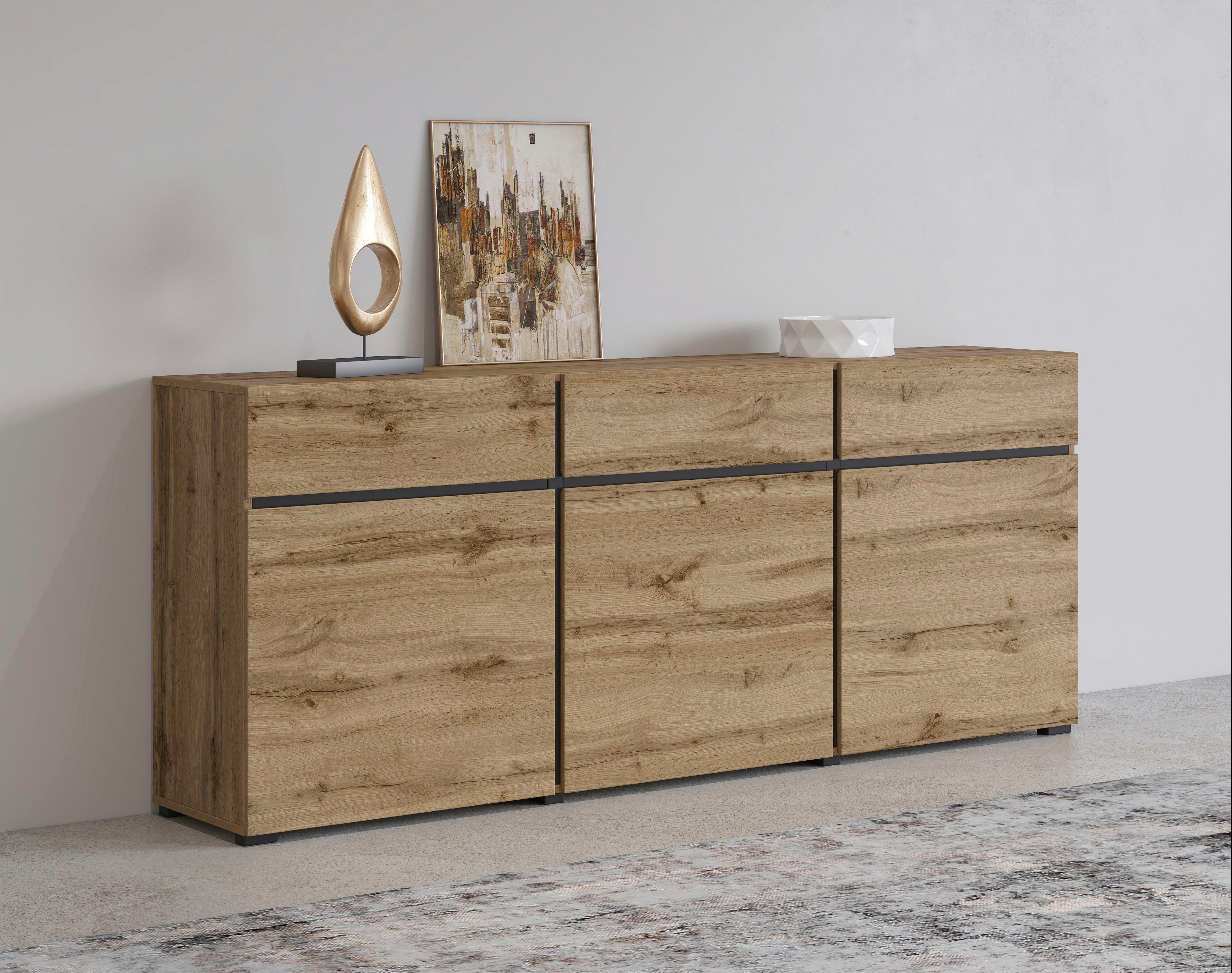Kommode Cross,Breite 180 cm, moderne grifflose Kommode,3 Türen/3 Schubkästen