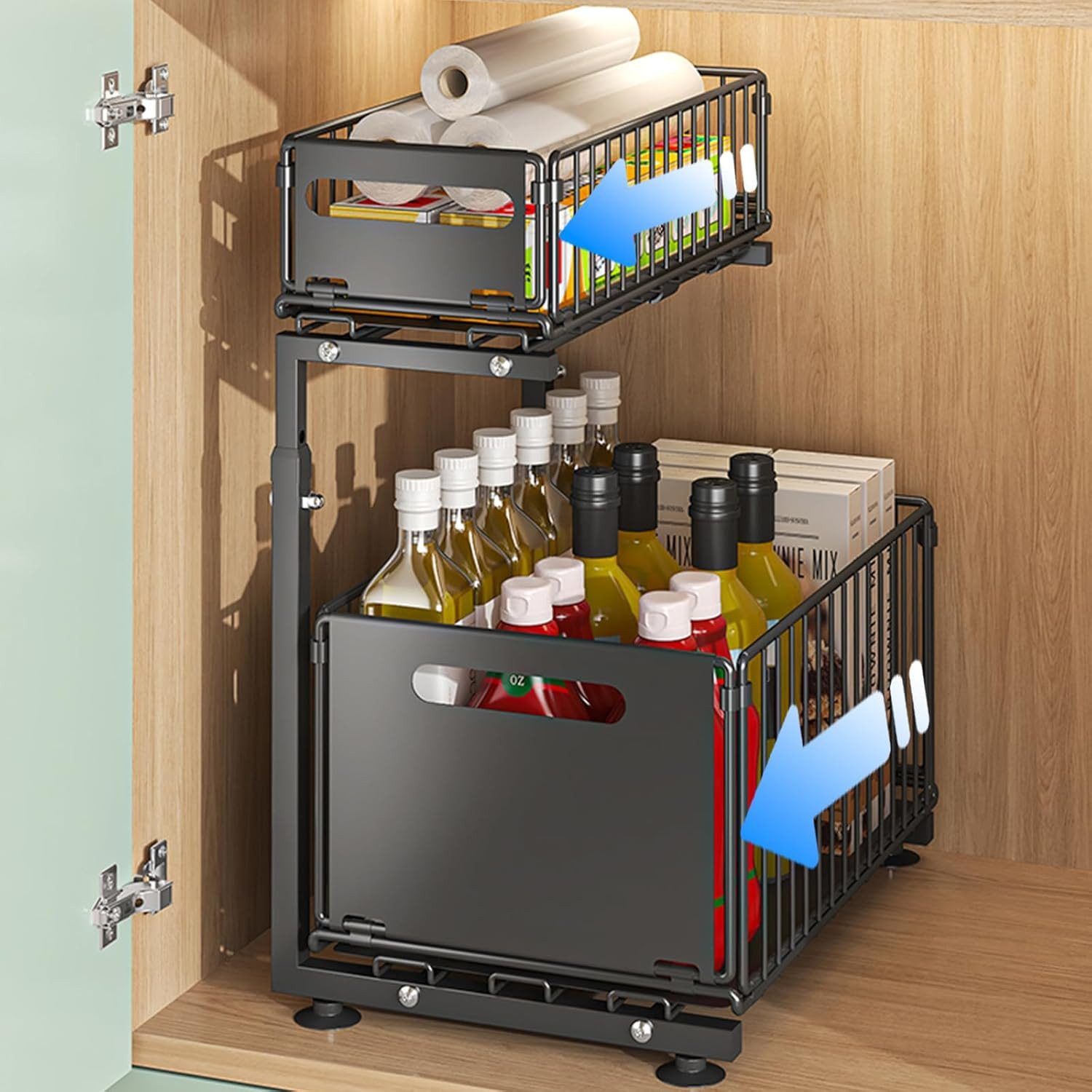 BlingBin Küchenorganizer-Set 2 Etagen Küchenregal, Ausziehbarer Spülschrank Organizer, Gewürzregal, (1er Set, 1-tlg., Produktabmessungen: ‎26,5 x 38 x 41-48,5 cm), Höhenverstellbar Teleskopschublade, Stahl-Aufbewahrungsregal für Küche