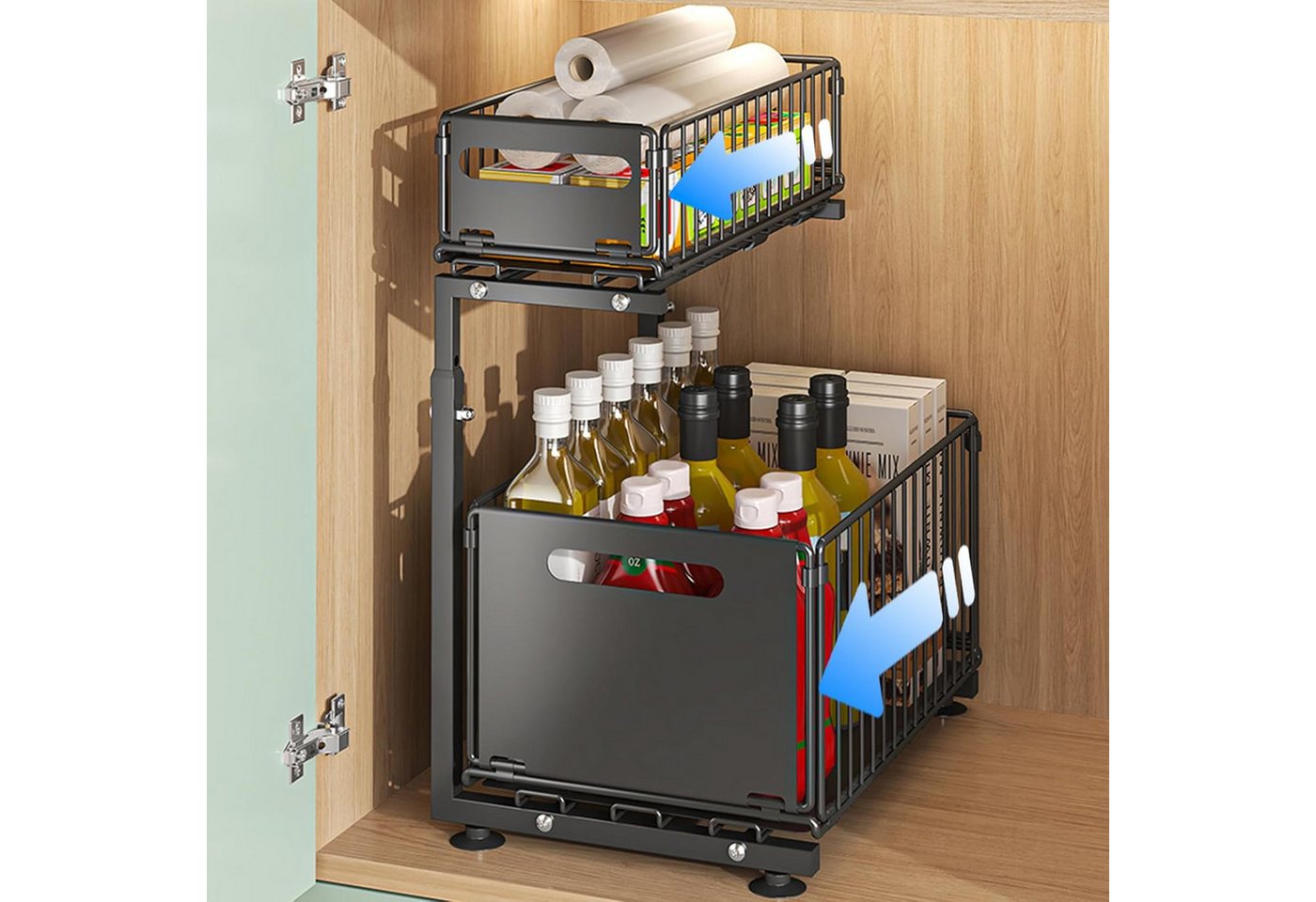 BlingBin Küchenorganizer-Set 2 Etagen Küchenregal, Ausziehbarer Spülschrank Organizer, Gewürzregal, (1er Set, 1-tlg., Produktabmessungen: 26,5 x 38 x 41-48,5 cm), Höhenverstellbar Teleskopschublade, Stahl-Aufbewahrungsregal für Küche