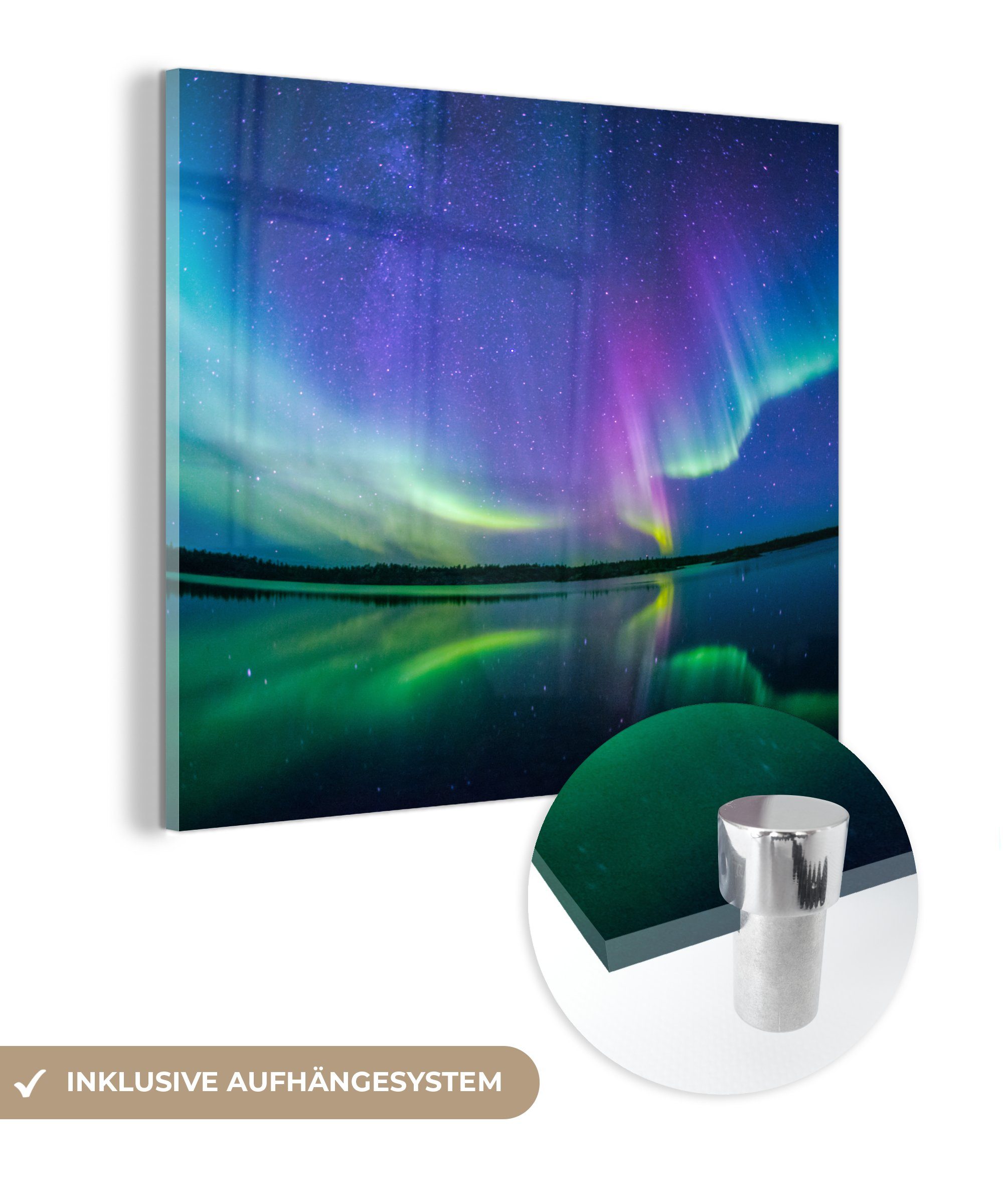 MuchoWow Acrylglasbild Nordlicht - Sternenhimmel - Reflexion, (1 St), Glasbilder - Bilder auf Glas Wandbild - Foto auf Glas - Wanddekoration bunt