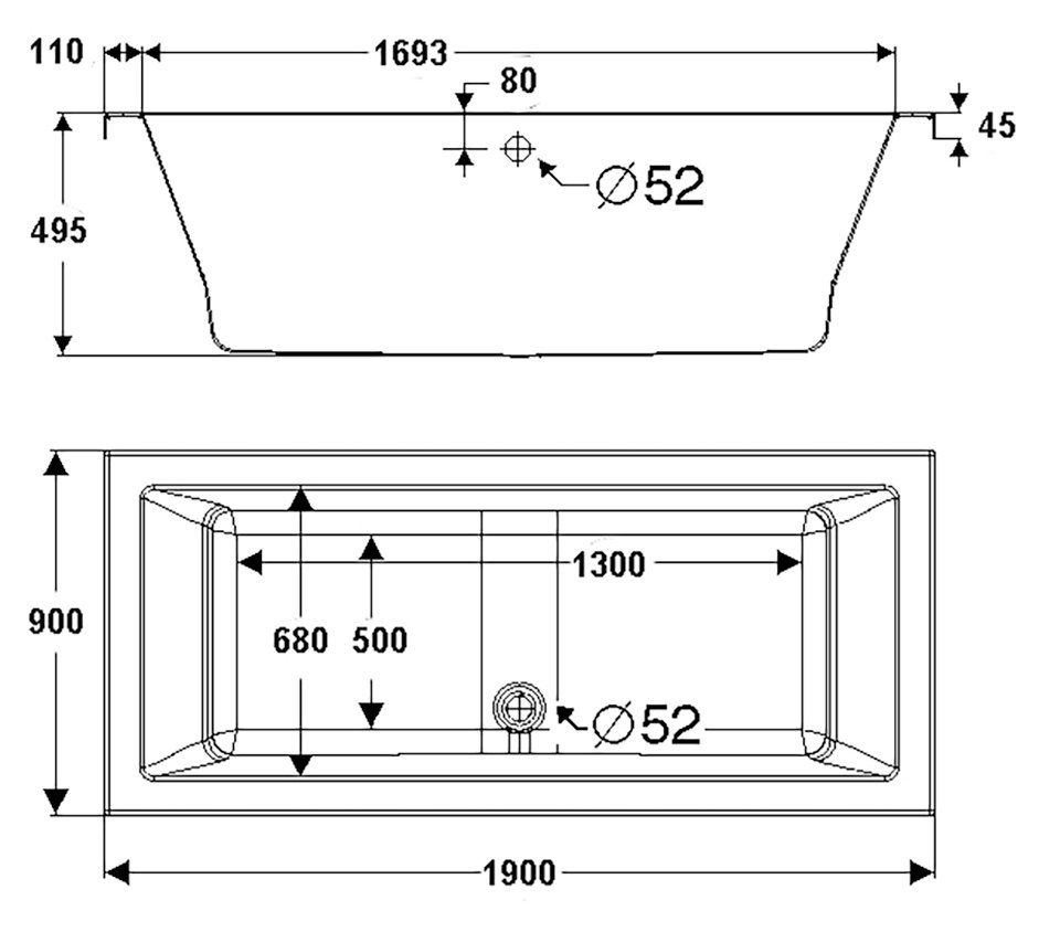 OTTOFOND Badewanne Cubic, (Komplett-Set, 4-tlg), mit Wannenträger und Ablaufgarnitur