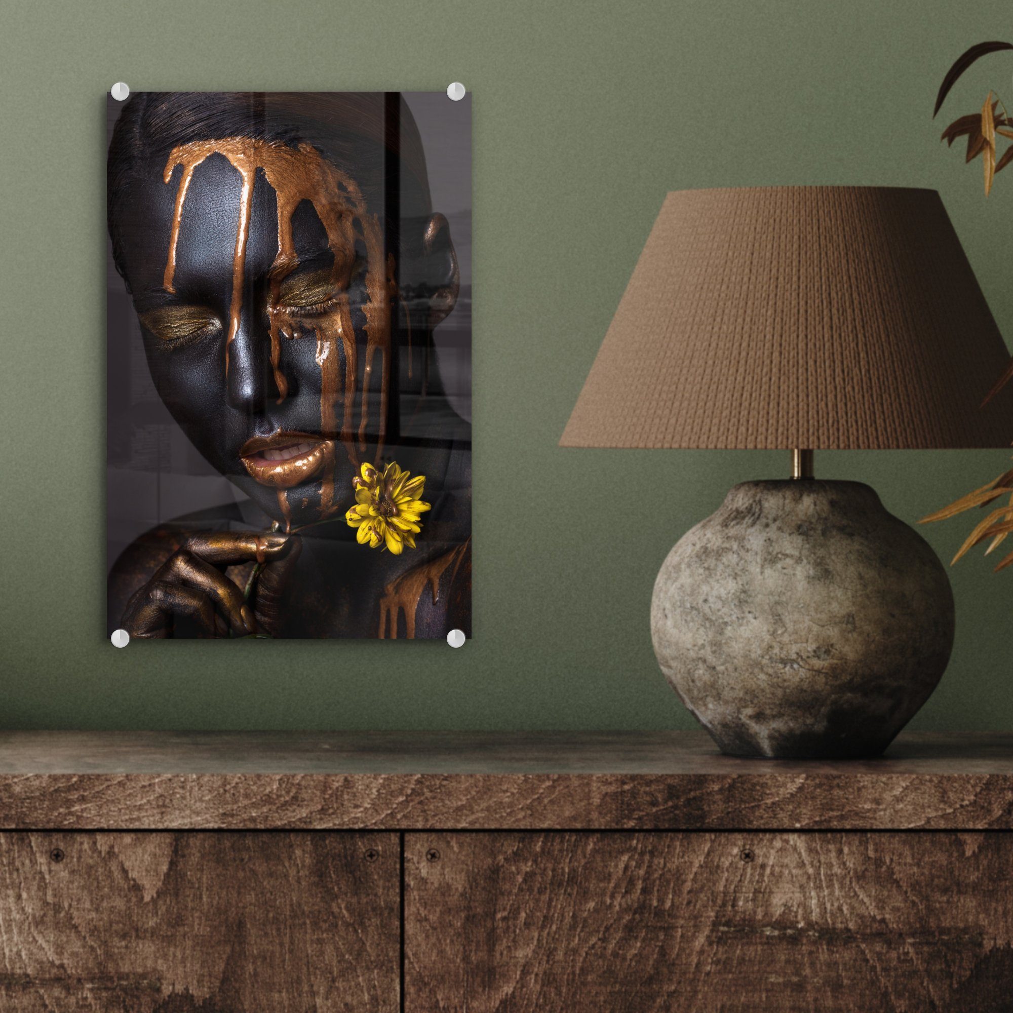 - Bilder auf - Foto Wanddekoration Gold - - MuchoWow Blume, Glas Acrylglasbild Glas Frau Schwarz Glasbilder - - Wandbild St), (1 auf