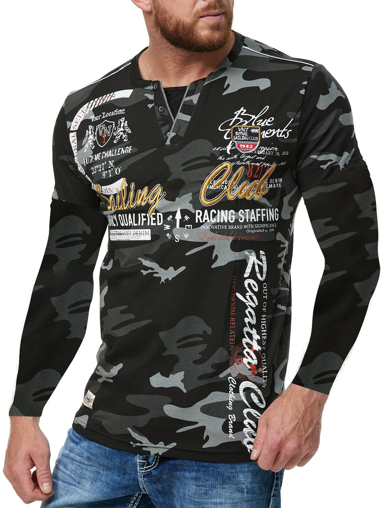 L.gonline Langarmshirt Herren Longsleeve, verwaschenes Longshirt, Langa (Packung, 1-tlg., im modischem Design, Batik, verwaschen) mit, Frontprint, mit Logoprint Antra Camouflage