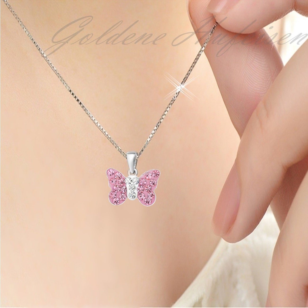 Goldene Hufeisen Kette mit Anhänger Schmetterling Rosa Kristall Anhänger Kette 925 Silber Kinder Mädchen (2-tlg, inkl. Etui), Kinderschmuck – Bild 2 von 5