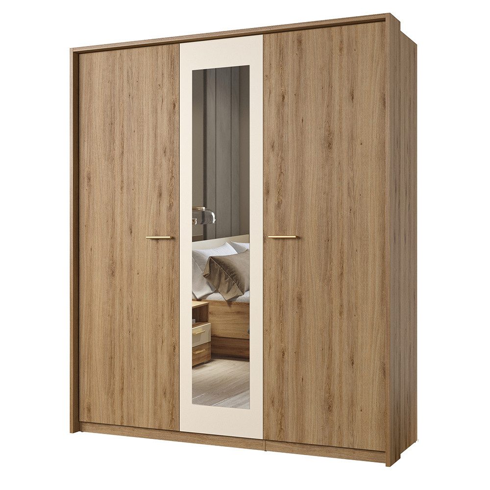 Lomadox Kleiderschrank VARESE-83 Eiche mit beige 3-trg. Spiegel Passepartout Rahmen 183,8x216,2x78,6 cm