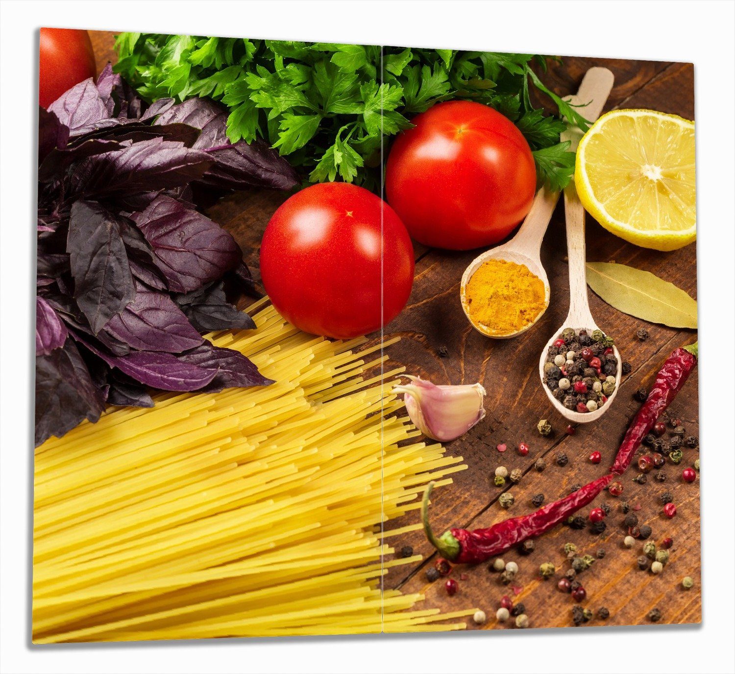Wallario Herd-Abdeckplatte Italienisches Menü mit Spaghetti, Tomaten, Basilikum und Gewürzen, ESG-Sicherheitsglas, (Glasplatte, 2 tlg., inkl. 5mm Noppen), verschiedene Größen