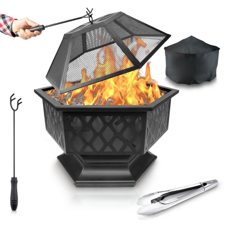 Outsunny 3-in-1 Feuerschale Feuerkorb mit Funkenschutz Grillrost Garten BBQ 