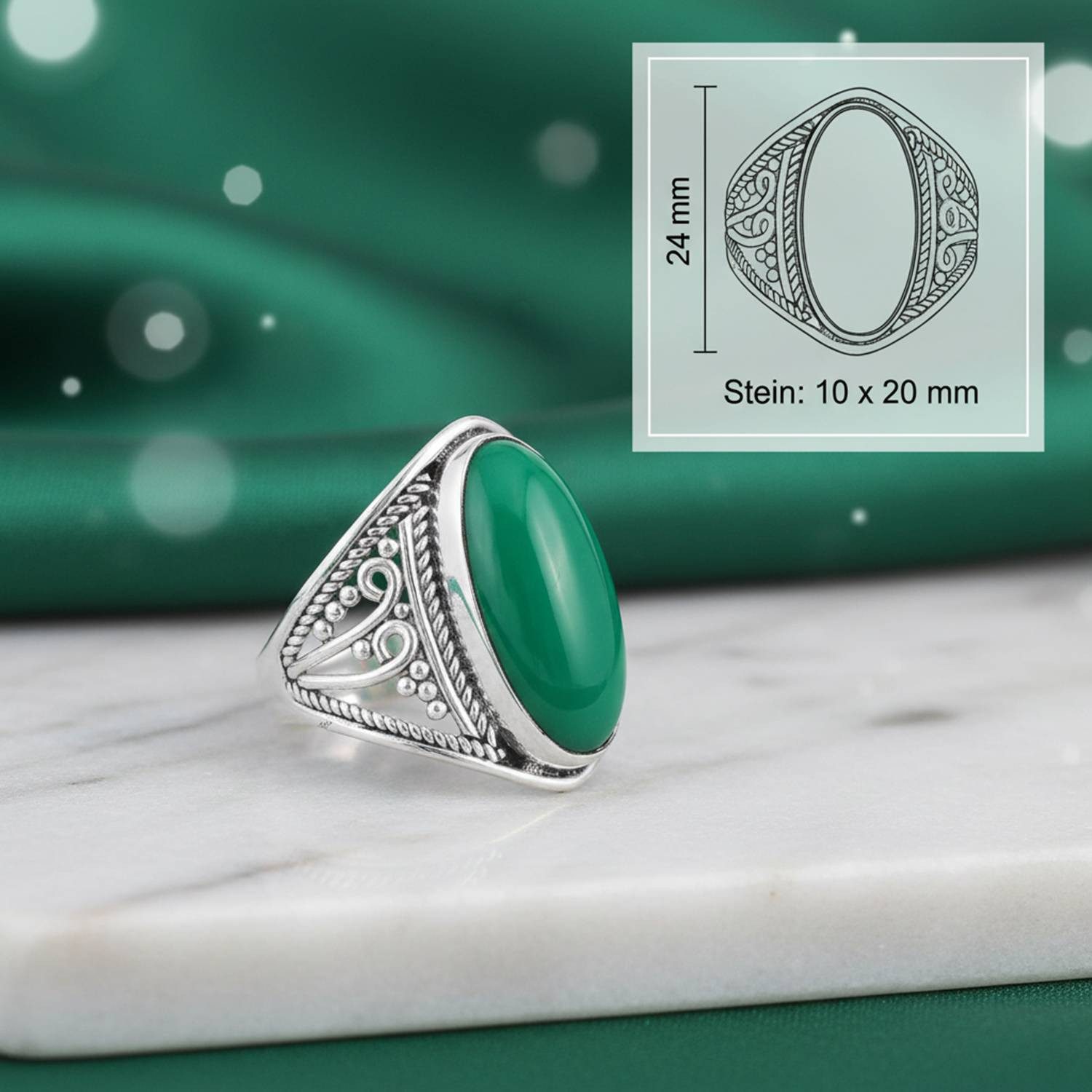 mantraroma Silberring DAHAB oval groß aus 925 Silber mit grünen Onyx (Ring mit Schmuckbeutel), Damenring aus 925er Silber