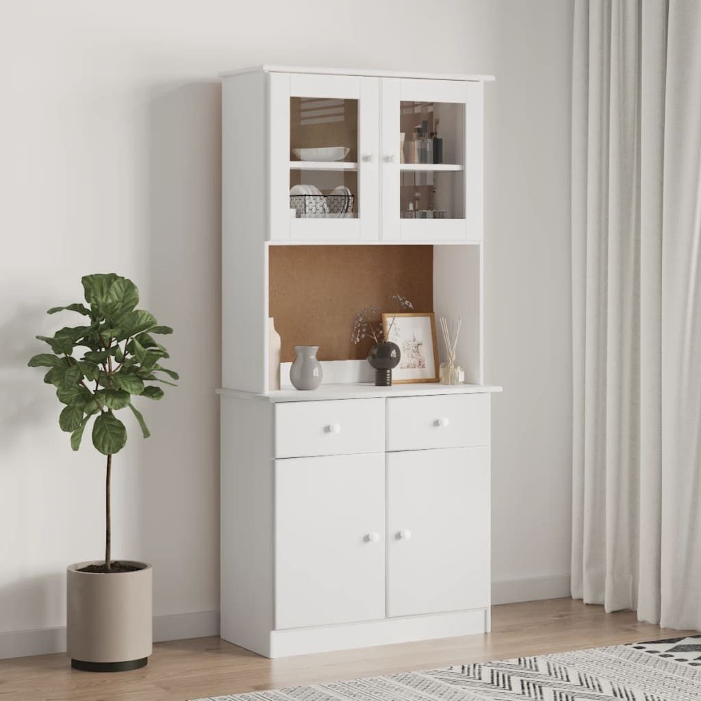 furnicato Highboard Weißes aus massivem Kiefernholz mit Glas 77x35x165 cm (1 St), Schrank mit Schubladen, Glastüren und Wandhalterung für Wohnzimmer