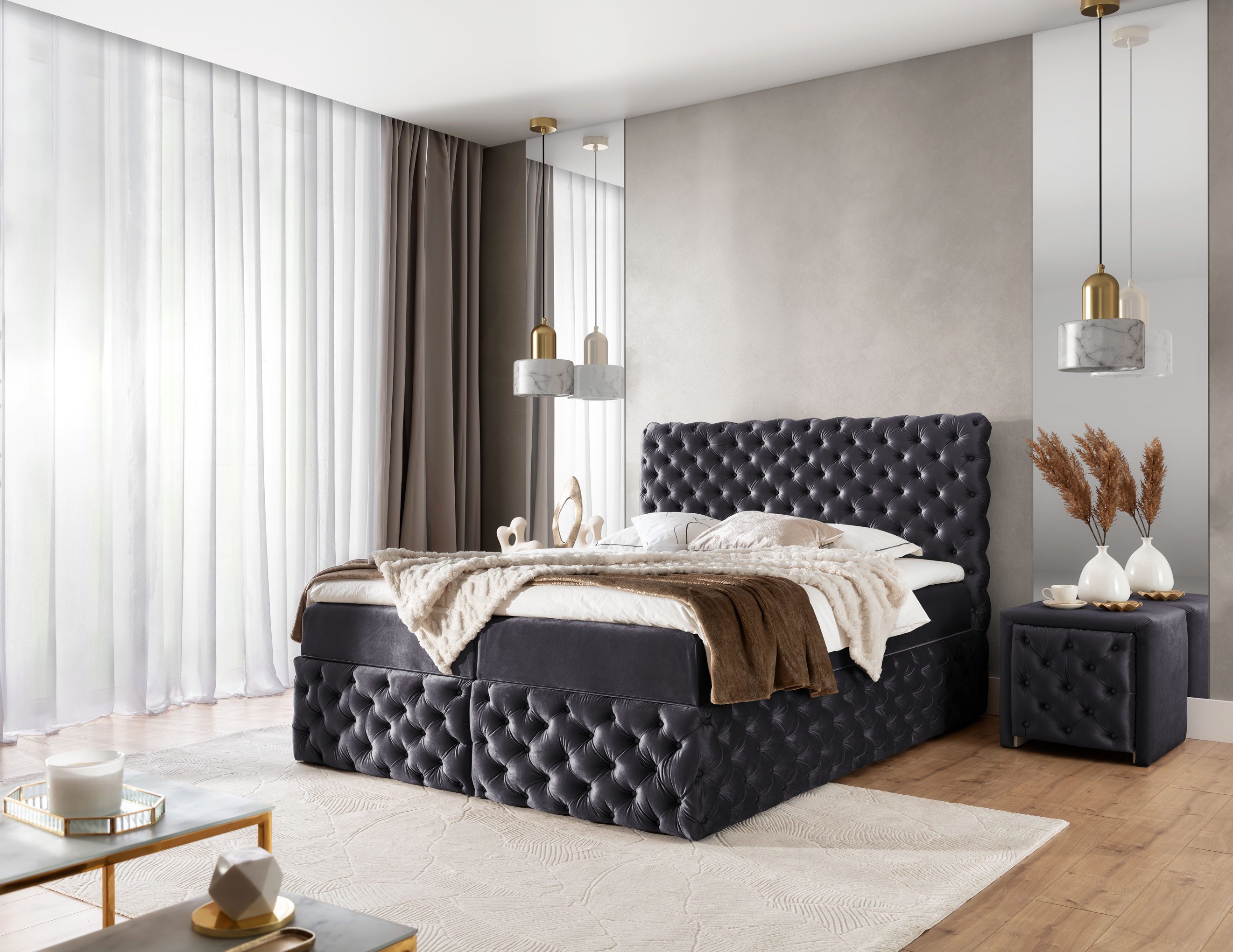 yourhouse24 Boxbett Castel im Chesterfield-Stil (mit zwei Bettkästen, Bonell-Matratze und Topper), Doppelbett, Polsterbett mit Kopfteil, Boxbett