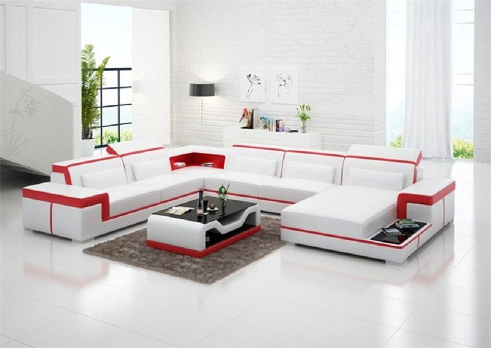 JVmoebel Ecksofa, Sofa Couch Polster Garnitur Wohnlandschaft Design Ecksofa Leder Weiß/Rot