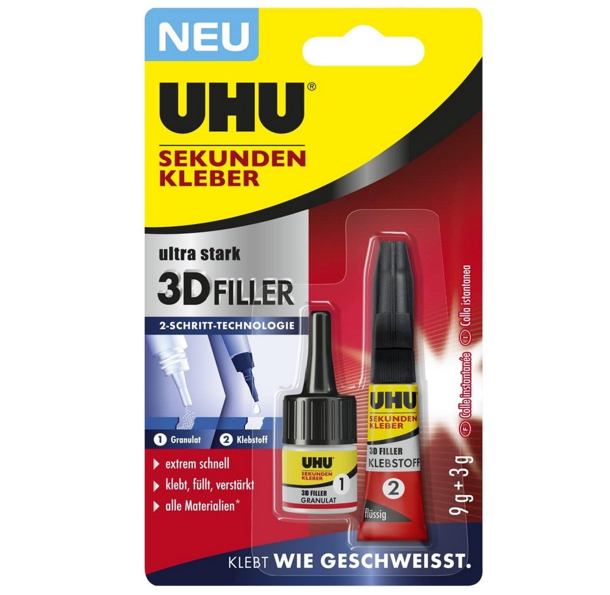 UHU Klebstoff UHU Sekundenkleber 3D Filler, 3g + 9g Füllgranulat