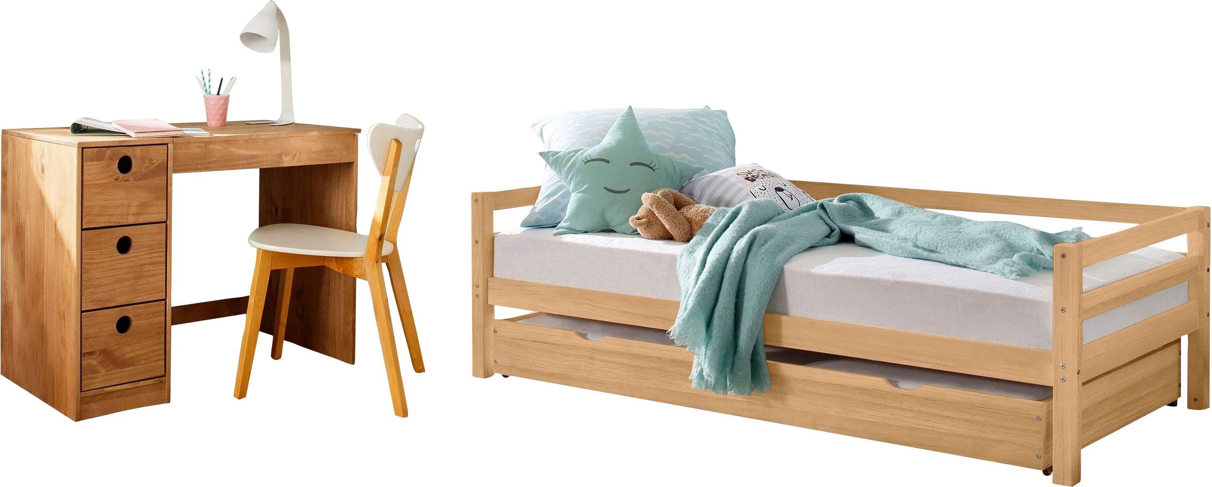 Lüttenhütt Jugendzimmer-Set Alpi, (Spar-Set, 2-St), Daybed mit 2. Liegefläche und Schreibtisch mit Stauraum, platzsparend gebeizt/gewachst
