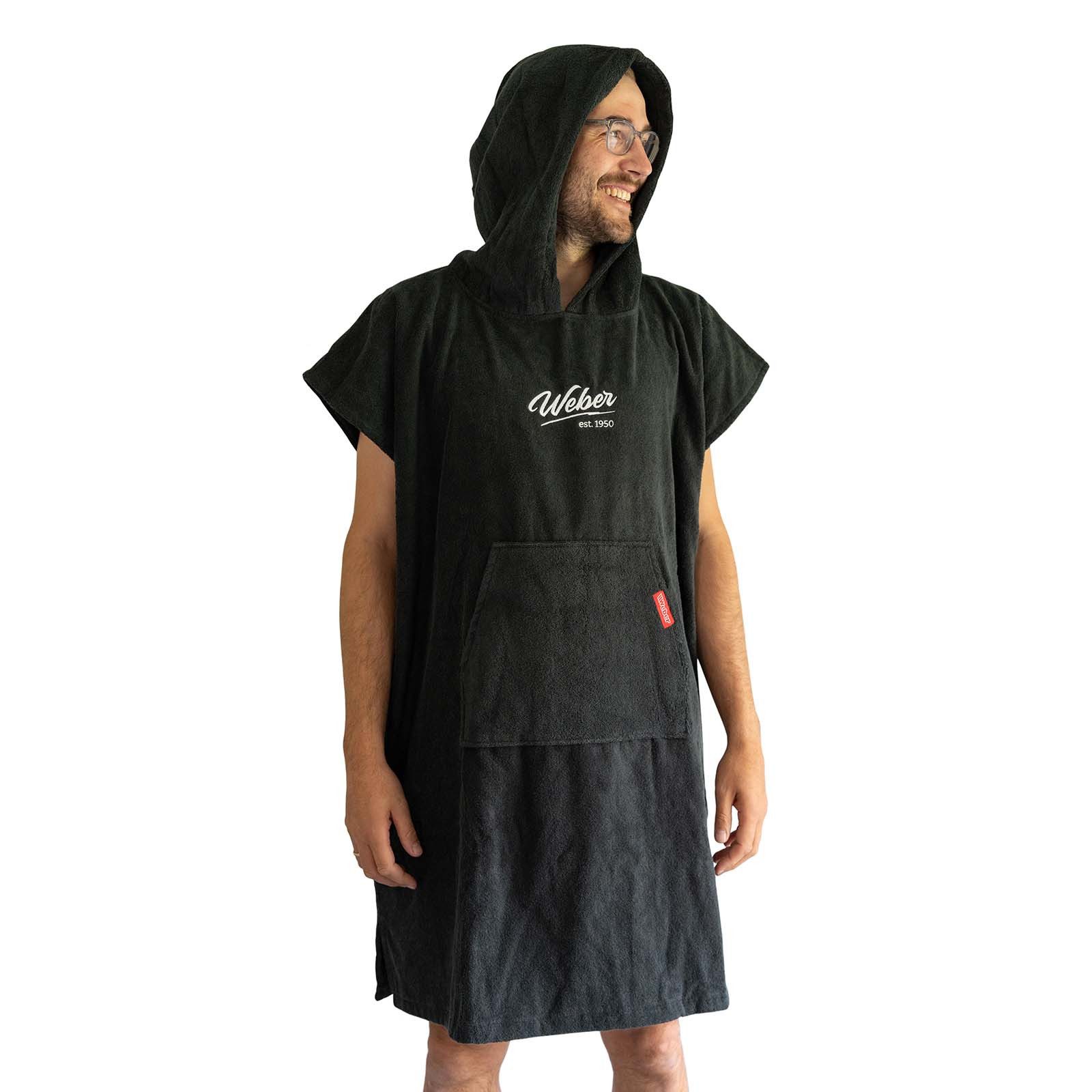 Weber GmbH Badeponcho Grau für Sauna,Spa & im Urlaub Surfponcho Bademantel Umziehhilfe, Midilänge, Baumwolle, Kängurutasche, Kapuze, ohne, 100% Baumwolle, mit Logo