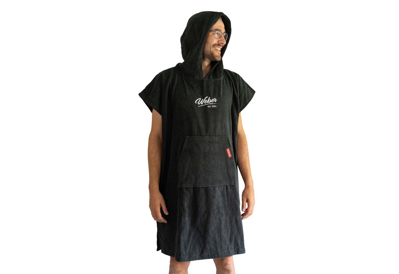 Weber GmbH Badeponcho Grau für Sauna,Spa & im Urlaub Surfponcho Bademantel Umziehhilfe, Midilänge, Baumwolle, Kängurutasche, Kapuze, ohne, 100% Baumwolle, mit Logo
