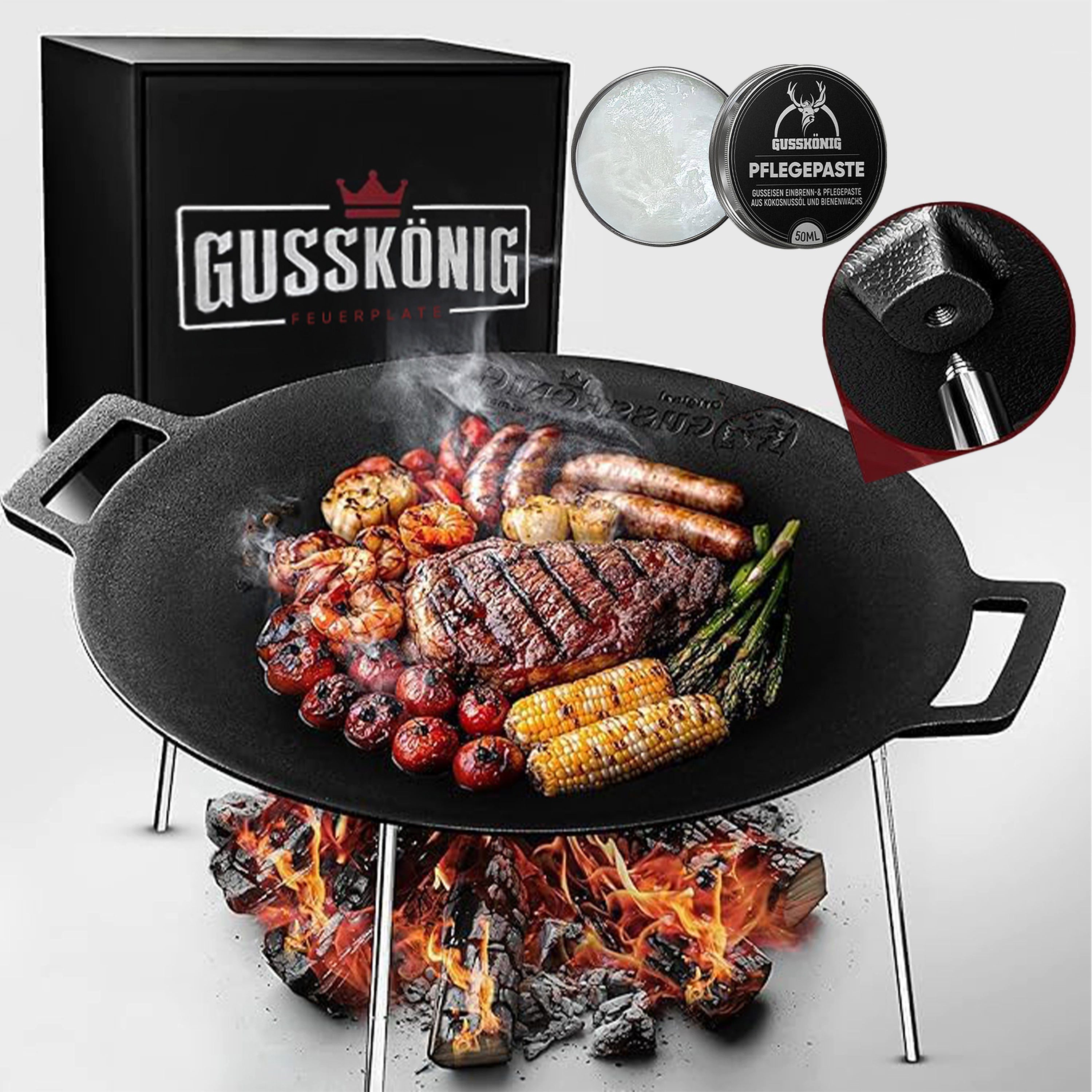 GUSSKÖNIG Grillrost Gusseisen Grillplatte Ø42cm mit 3 Edelstahl Beinen Pflegepaste