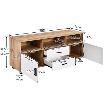 Merax Lowboard mit LED-Beleuchtung inkl. Fernbedienung, 2 Schubladen und 2 Türen, TV Schrank mit verstellbaren Füße, Wildeiche Fernsehtisch, Breite 138cm, Altholz Optik