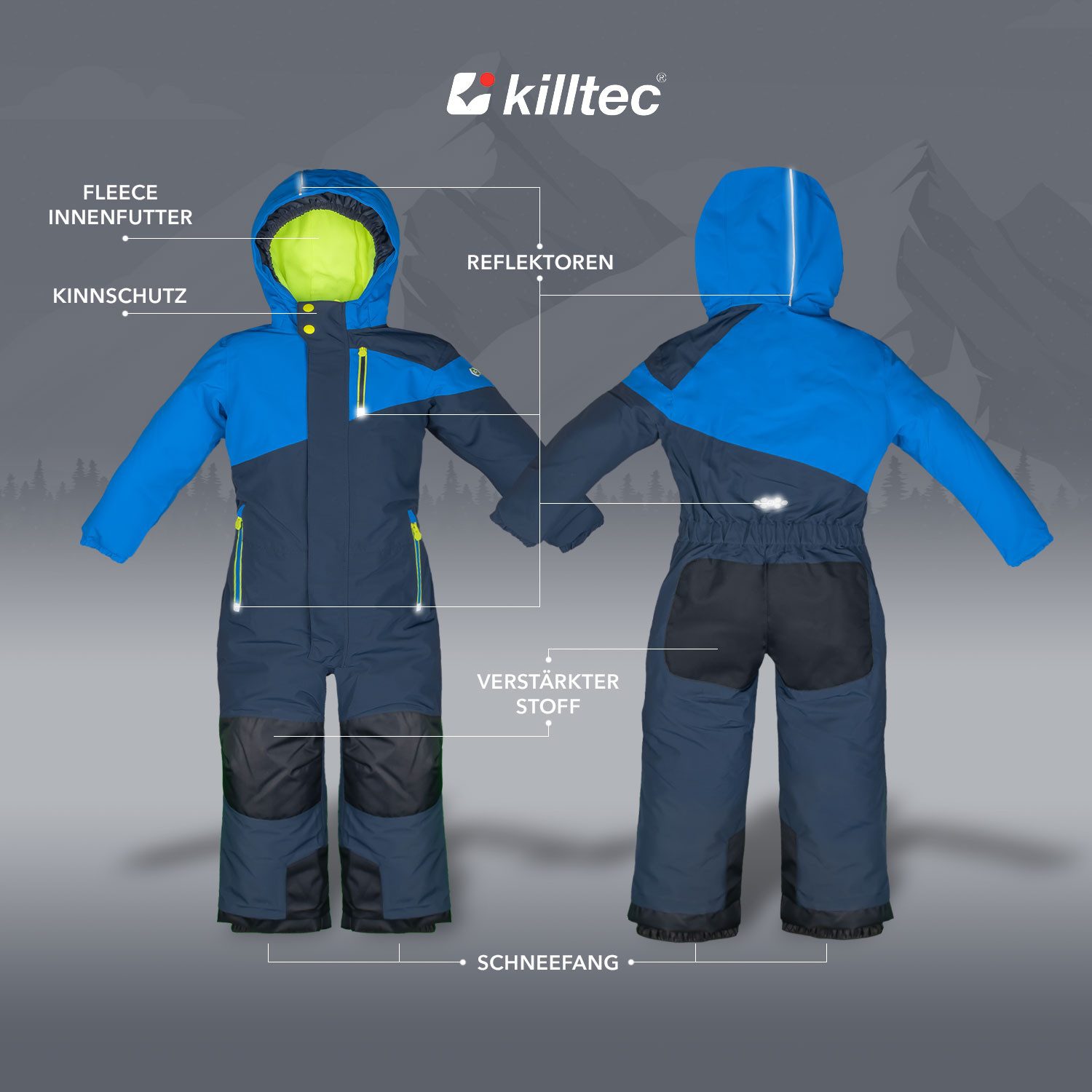 Killtec Schneeoverall Schneeanzug Kinder-Skianzug neon blau/dunkelblau langer Reißverschluss