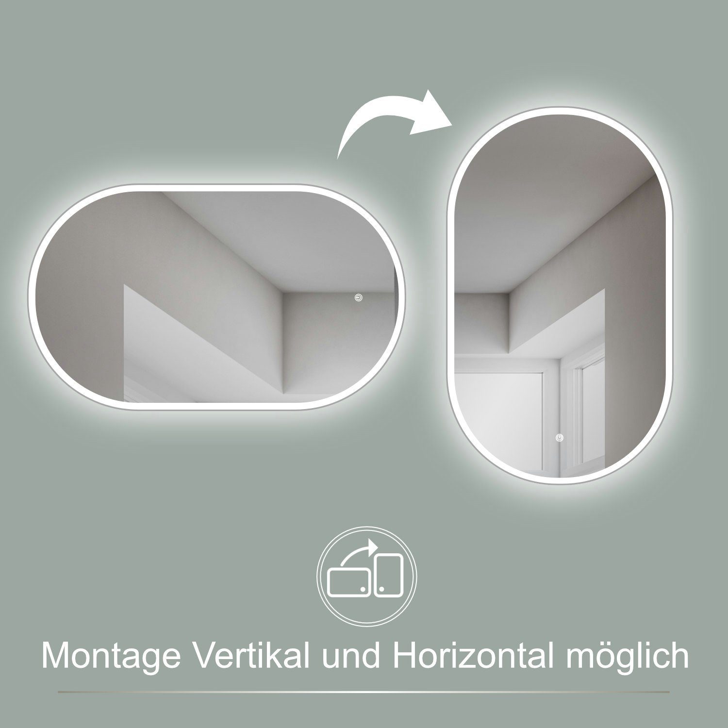 HOKO Badspiegel mit Beleuchtung, Badezimmerspiegel mit Licht (45x75/50x90/60x100 cm+Warmweiß - Kaltweiß - Neutral. Wandspiegel Oval)