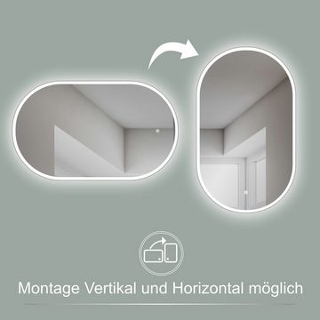 HOKO Badspiegel LED Design Wandspiegel Oval + LED Wechsel (Warmweiß - Kaltweiß - Neutral. Licht mit Touch Schalter und mit Wandschalter einschaltbar. Memory-Funktion.IP44, 5mm HD Glass)