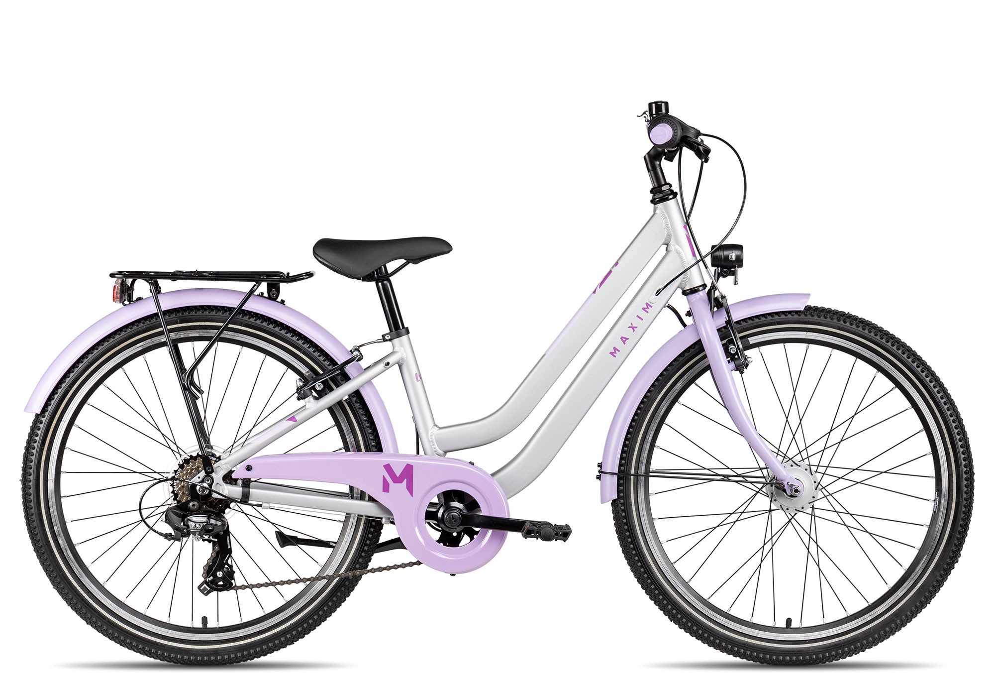 Maxim Kinderfahrrad Luna 24-7, 7 Gang Shimano Tourney RD-TY300 Schaltwerk, Kettenschaltung, Straßenausstattung violett/rosa