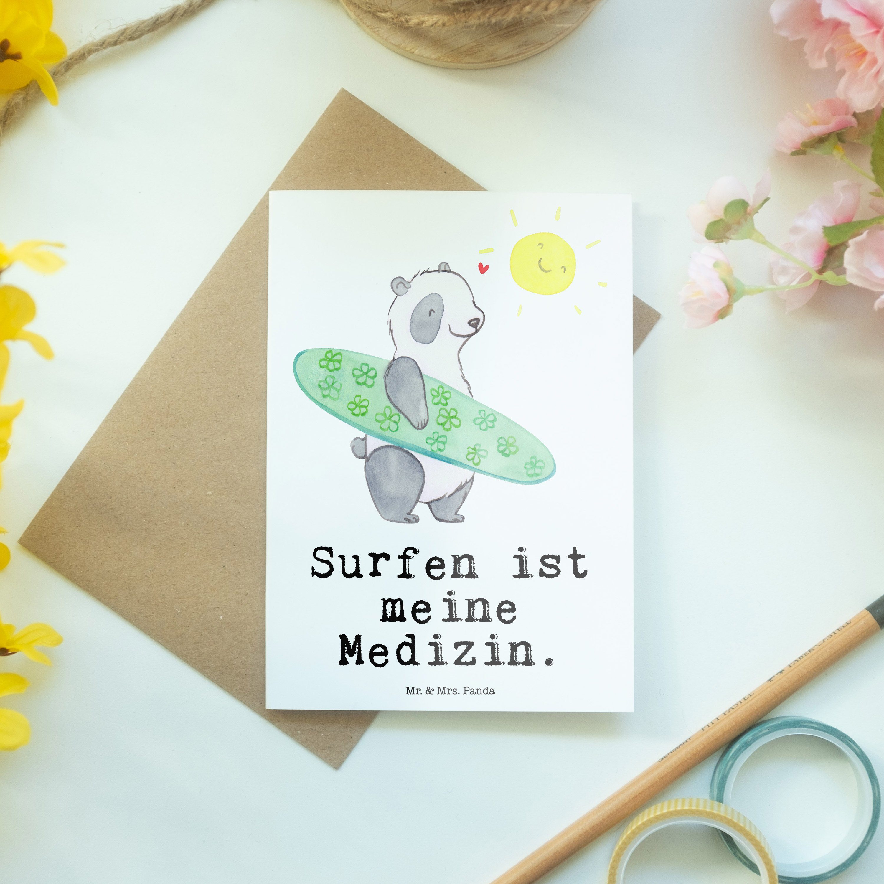 Mr. & Mrs. Panda - Weiß Grußkarte Geschenk, Glück Einladungskarte, Panda Medizin - Surfen Karte