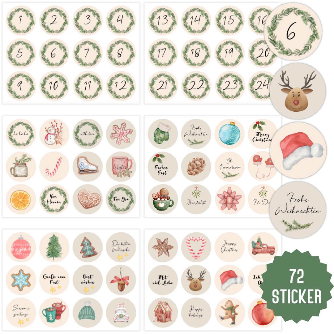 Aufkleber Aufkleber Weihnachten Rund, Sticker Adventskalender Zahlen