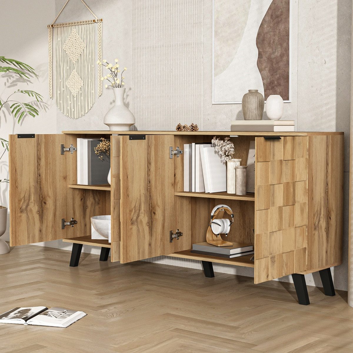 IDEASY Sideboard Geflochtenes, geschnitztes Sideboard, Stauraum Anrichte, Landhausstil, 4 Türen, 160,5x35,5x78 cm, schwarze Beine und Griffe, Tragkraft 50 kg