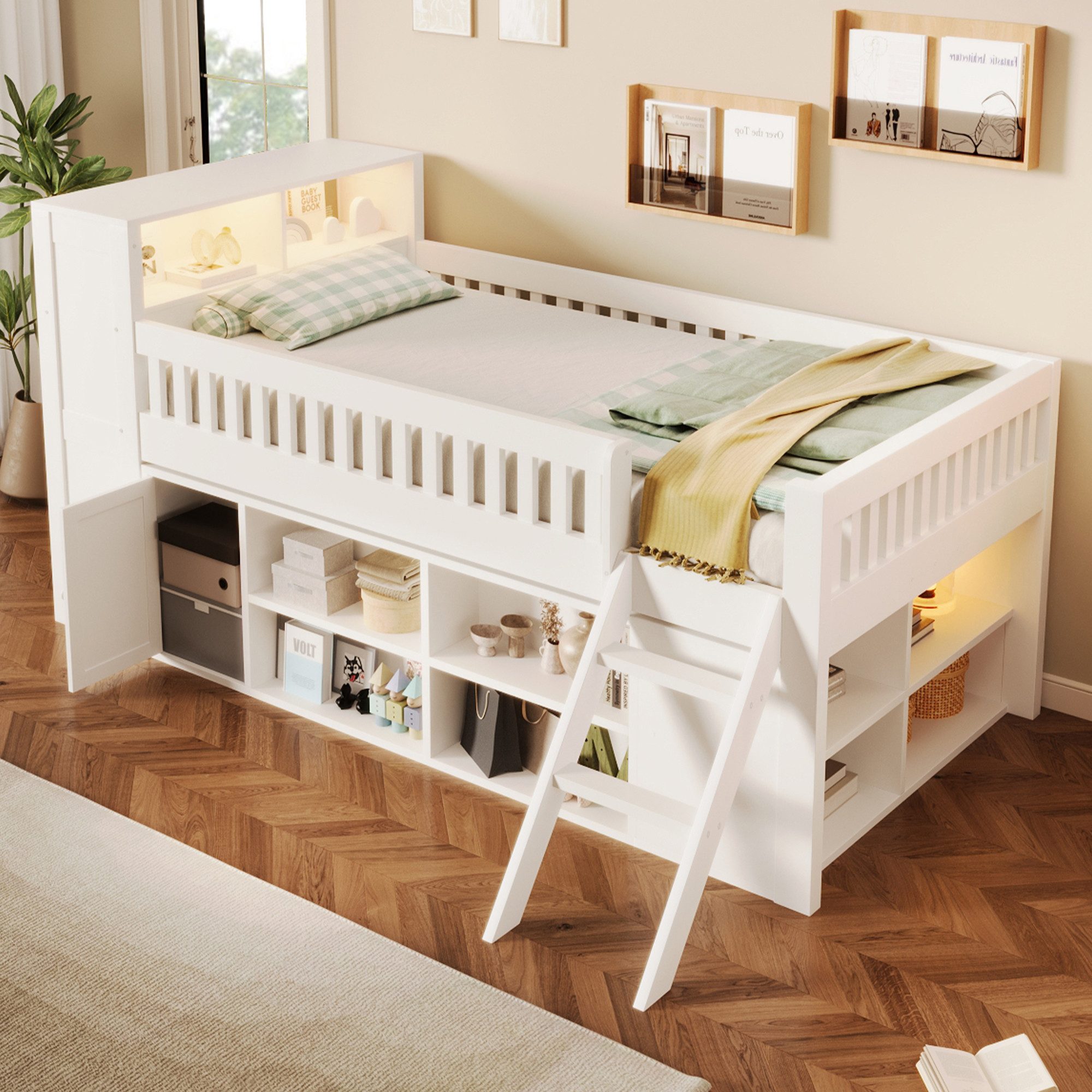 Flieks Holzbett, Halbhohes Kinderbett 120x200cm mit LED-Beleuchtung, Stauraum, Leiter
