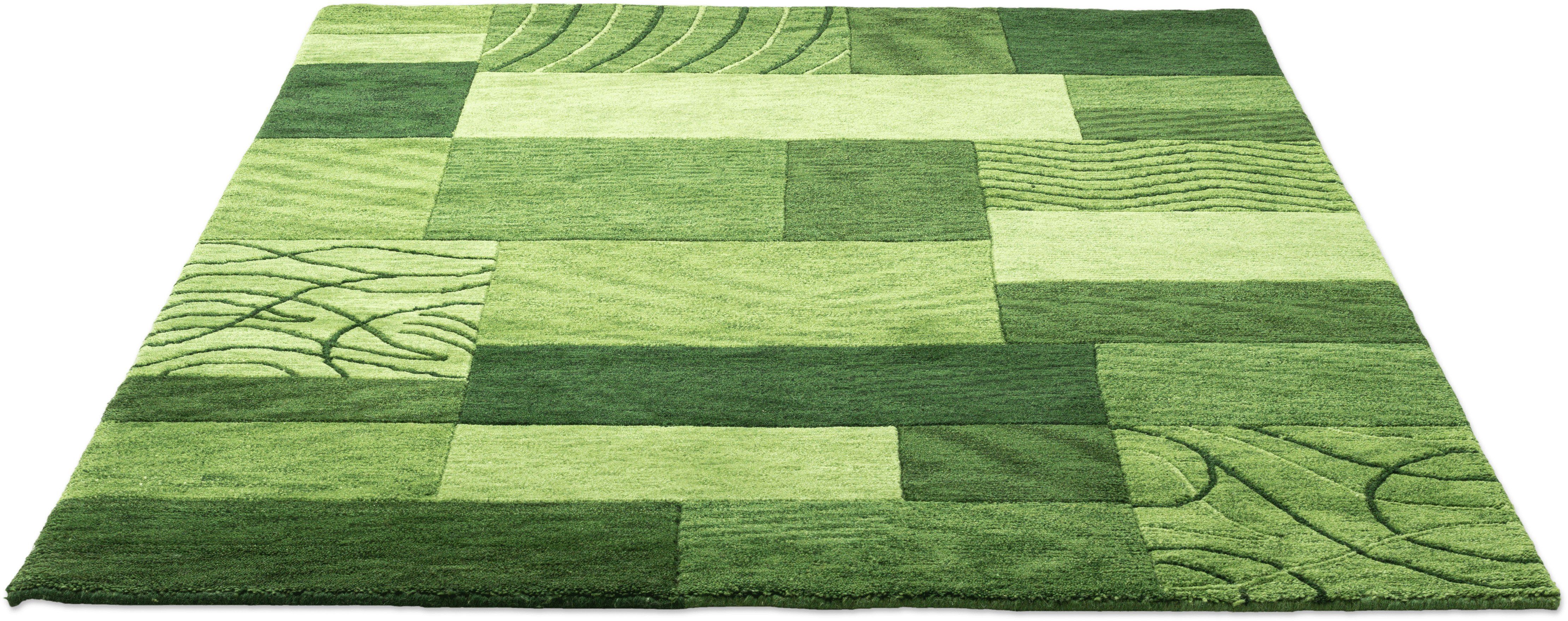 THEKO Wollteppich Royal Domas 4028, rechteckig, Höhe: 14 mm, Kurzflor, reine Wolle, handgetuftet, modernes Patchwork Design