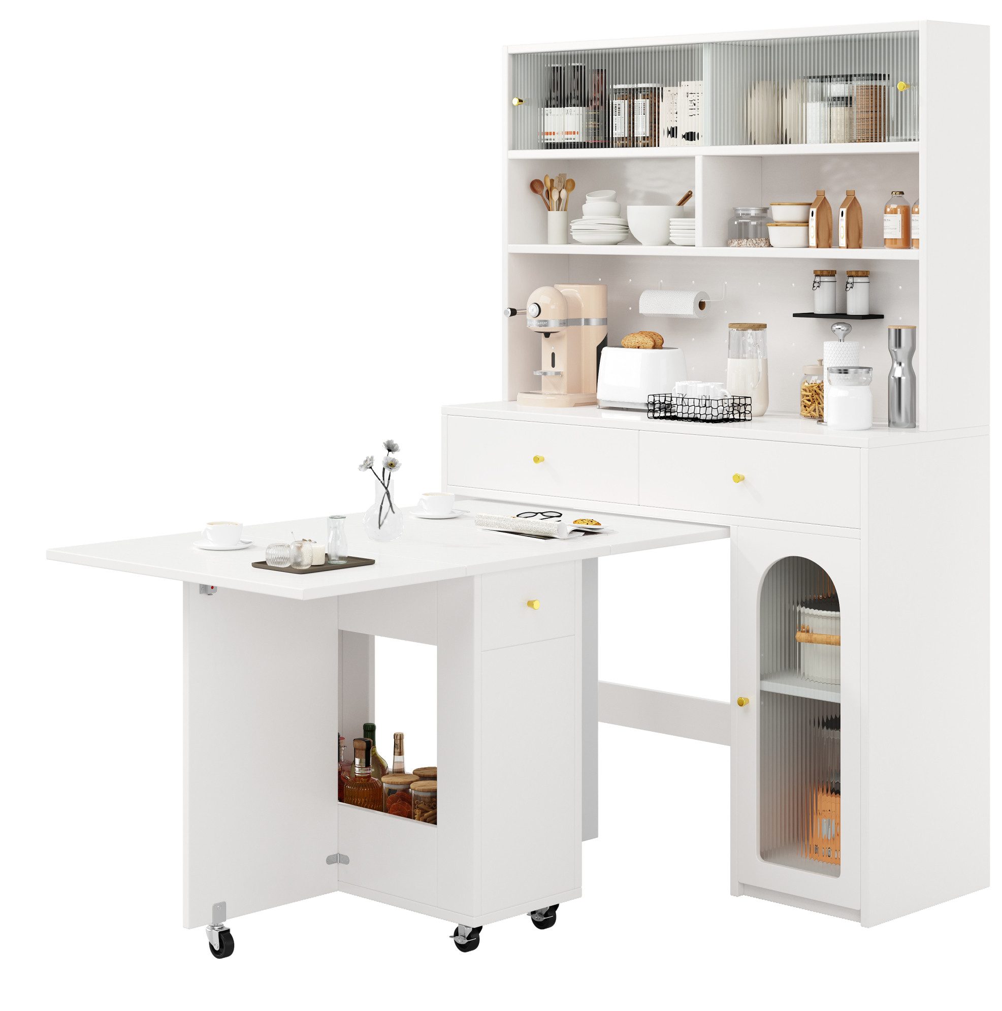 MODFU Barschrank Kompaktes Möbelset mit Hochschrank & Klapptisch (Packung, 1-St., Weiß & Natur, MDF, 60 kg Tragkraft, für Küche & Esszimmer) Schrank 120×45×180 cm, Tisch 120×75×75 cm
