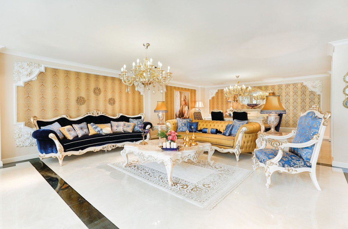 Casa Padrino Sofa Luxus 300 cm / 120 Wohnzimmer - Weiß Wohnzimmer Sofa Dunkelblau Möbel x x - Barock H. Barockstil Edle im Barock / Prunkvolles 98 Sofa Gold