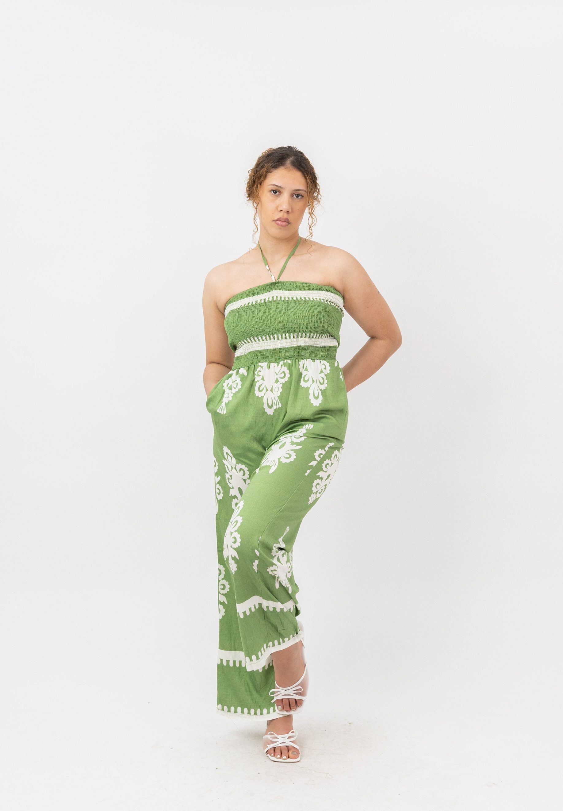 Cherry KoKo Jumpsuit Damen Overall mit Neckholder, Smok-Oberteil und weitem Bein