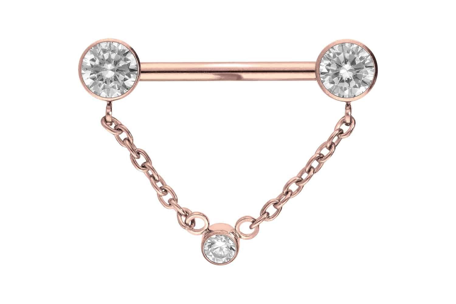 Brustwarzenpiercing Titan Barbell mit Push Fit KETTE + KRISTALLDISCS