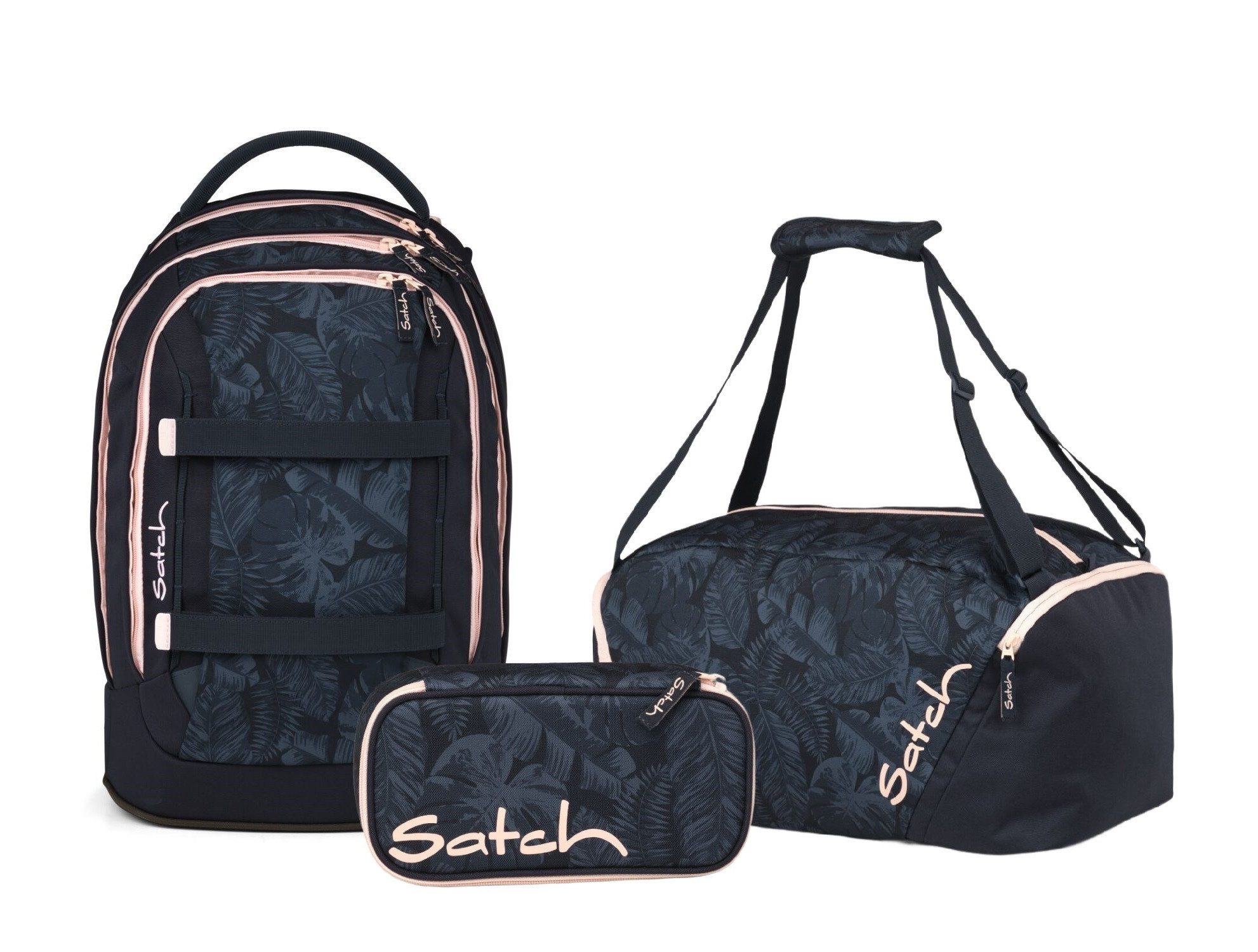 Satch Schulranzen Schulrucksack-Set PACK Midnight Jungle 3-teilig (3-teilig), ergonomisch, Your-Size-System, 5 Fächer
